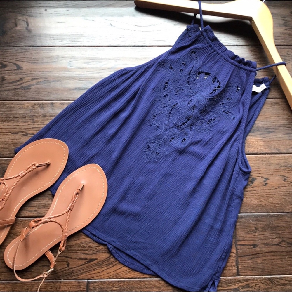 Lush halter embroidered blue strappy tank top